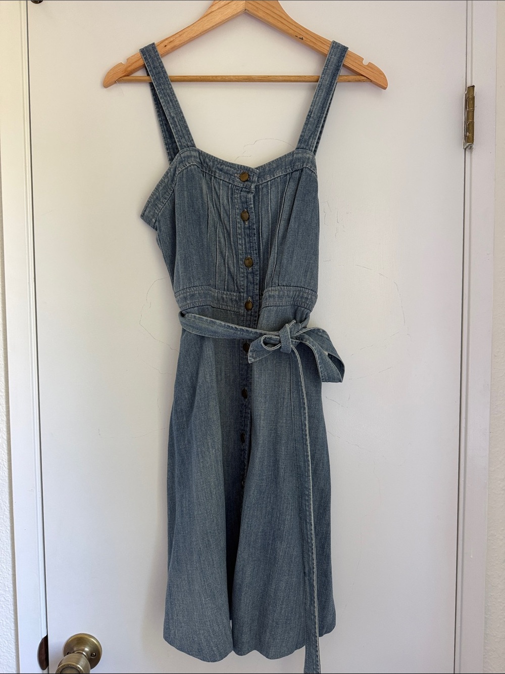1969 Denim Button-Front Midi Dress with Tie Waist